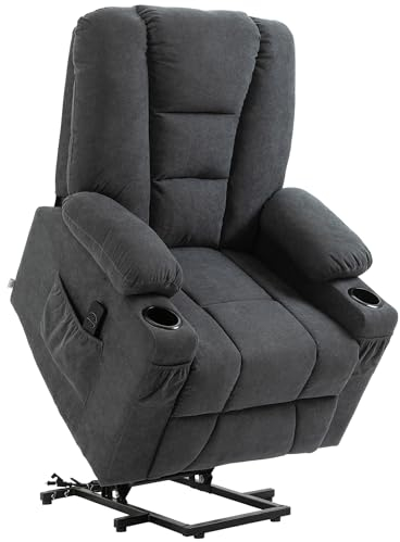 HOMCOM Oversized Riser and Recliner Chairs for the Elderly, Fabric Upholstered Lift Chair for Living Room with Remote Control, Side Pockets, Cup Holder, Charcoal Grey