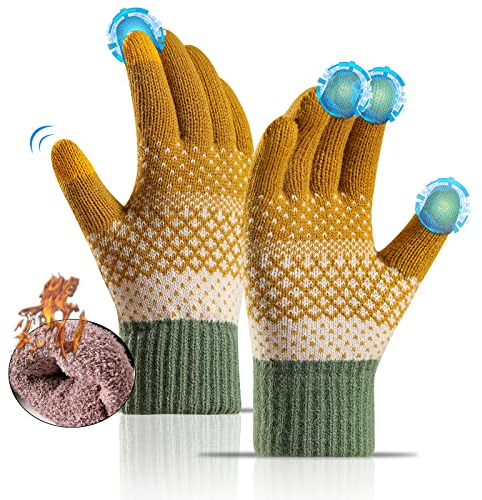 Sakiida Winter handschuhe Herren Damen - Thermo Winterhandschuhe - Touchscreen Damen Warme Thermohandschuhe - Imitation Kaschmir Dehnbares Material (Gelbes Muster)