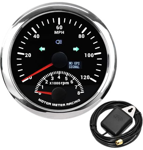 MOTOR METER RACING W Pro 85mm 2in1 GPS Speedometer Rev Counter | 3-3/8, 120 MPH, 8000 RPM, Odometer, Indicator Light, Black Dial, White LED, For Car Motorcycle Truck Marine, 12V, 24V