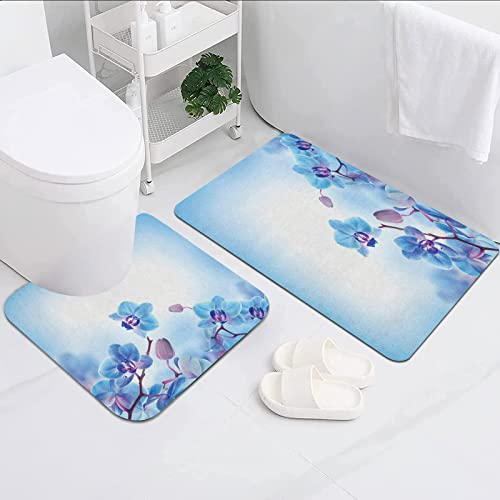 Badezimmerteppich Badematte Set 2 Teilig,Blumen-Orchideen Natürliche Blumen-Reflexionen auf dem Wasser für Frühlings-beruhigende Kunst, Blau-Violett,Schmutzfangmatte für Badezimmer Küchenteppich