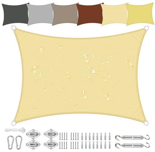 Sichtschutz Sonnensegel Wasserdicht Rechteckig 2x3m aus PES-Polyester 95% UV-Schutz Witterungsbeständig Reißfest in Vielen Größen und Farben mit Befestigungsset für Terrasse Garten Balkon-Beige
