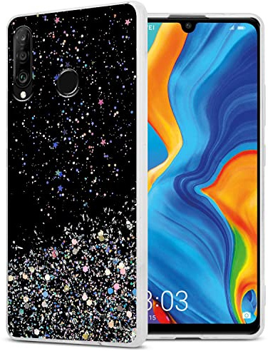 Cadorabo Hülle kompatibel mit Huawei P30 LITE Rundumschutz TPU Silikon Case Mädchen Glitzer Strass Design Slim Kratzfest Weiche Gummi Bling Schutzhülle für Huawei P30 LITE in Schwarz