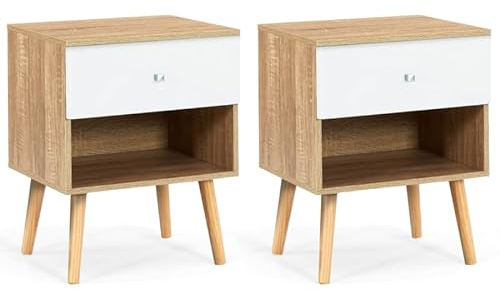 IDMarket - Lot de 2 Tables de Chevet Emmie scandinaves 1 tiroir avec Niche hêtre et Blanc