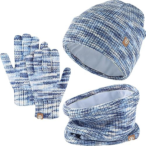 3 Stück Kinder Wintermützen Handschuhe Schal Set Beanie Mütze Warme Gestrickte Touchscreen-Handschuhe Loop WinterSchlauchschal für Jungen Mädchen 5-12 Jahre Outdoor Aktivitäten (Blau-Mischung)