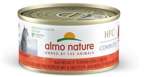 Almo Nature HFC Complete, Nassfutter für Erwachsene Katzen - Lachs und Thunfisch mit Karotten - Packung mit 1,68 kg (24 x 70 g)