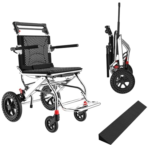 Rollstuhl Faltbar Leicht mit Rollstuhl Tasche, Aluminium Rollator Faltbar und Leicht mit Sitz/Rollstuhlrampe,10KG, Radstühle mit Beweglichen 270° Handläufen, Kann Problemlos im Kofferraum Eines