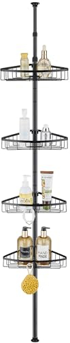 QIUFEN Étagère Salle de Bain Télescopique Etagère de Douche d'angle Sans Perçage, Etagères de Rangement de Salle de Bain avec 4 Paniers pour Salle de Bain, Réglable en Hauteur 73 à 302cm(Noir)