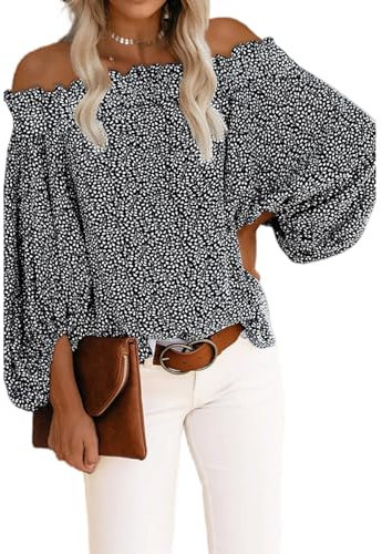 Blusa de mujer de manga larga con hombros descubiertos camiseta camiseta con hombros descubiertos Pullover Blusa Casual Túnica Top Blusas Top Sexy Gasa Manga Linterna Camiseta, E-negro, XXL