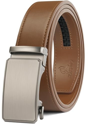 JUKMO Gürtel Herren, Ledergürtel Ratsche Automatikschließe, 35mm Breit Gürtel (Achteck - Hellbraun, L-106cm to 115cm Taille Verstellbar (Länge 135cm))