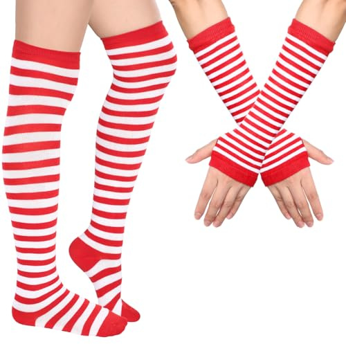 Blulu Arm Warmers Leg Warmers for Women Girls Striped Thigh High Socks Fingerless Gloves Striped Stockings