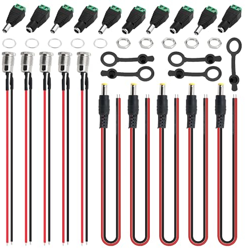 YIXISI 5.5 x 2.1 mm DC Mount Adapter Set, 5 Stücke DC-099 DC Power Jack Socket mit Kabel, 5 Stücke DC Stecker Pigtail Kabel, 10 Stücke 12 V DC Power Stecker Buchse Adapter, mit Wasserdichter Kappe