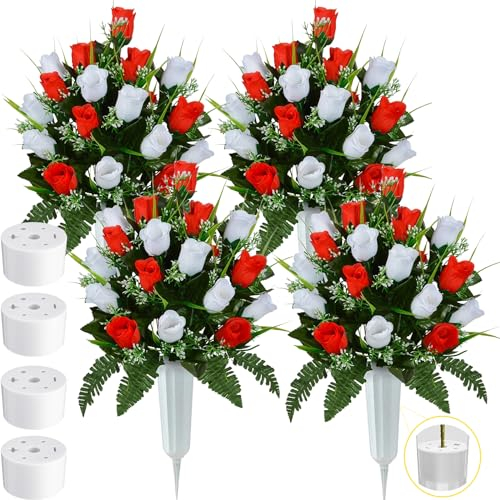 Crowye 4 Sets Künstliche Friedhofsblumen, 96 Köpfe, künstliche Rosenstrauß, Grabblumen für Friedhof, Blumenarrangement mit Vase, Seide, Gedenkblumen für Grabstein-Dekoration, im Freien (rot, weiß)