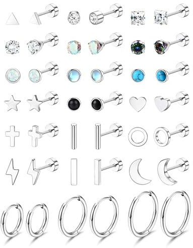 JeweBella 21Pairs Kleine Ohrstecker Chirurgenstahl Damen Knorpel Ohrringe Hypoallergen Zirkonia Stern Mond Flatback Ohrringe Set Creolen Silber Helix Piercing Ohrstecker für Mehrere Ohrlöcher
