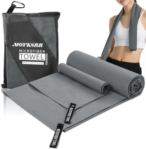 MOYKSRR Serviette Microfibre, Serviette en Microfibre - 160 x 80 cm Serviette de Bain + 80 x 40 cm Serviette Main, Ultra-légère et Rapidement Sèche pour Le Sport, Voyages, Plage, Camping(Gris Foncé)