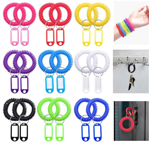 Ningrou 18 Stück sortierte Farben Handgelenk Feder Spirale Spirale Schlüsselanhänger mit 18 Stück Schlüsselanhänger Dehnbar Kunststoff Schlüsselanhänger für Fitnessstudio Pool Kunststoff ID Tags Sauna