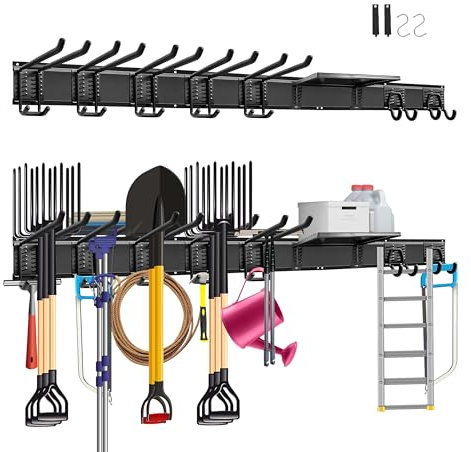 Mimoke Scaffalatura multifunzione da parete per garage e giardino con ripiano, 3 binari, lunghezza totale 122 cm, per attrezzi da giardino, caschi e altro ancora