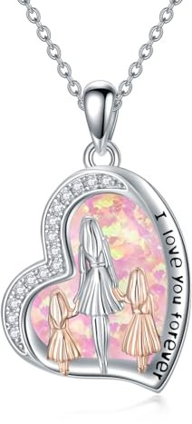 Collier Maman Fille en Argent Sterling 925 Pendentif Collier Mère Fille Opale Rose Bijoux Maman Cadeau Mere pour Femmes