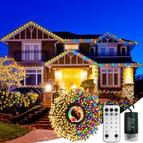 DBFAIRY 20M Christmas Tree Lights, 2 Colors Changing String Lights Outdoor Battery with Remote Green Wire Fairy Lights for Garden Patio Wedding Xmas Decorations (Warm White & Multicolor)