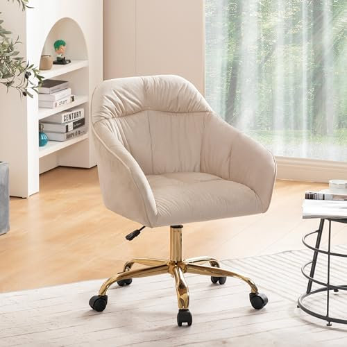 EASTALOLO Höhenverstellbarer Drehstuhl - Atmungsaktiver Bürostuhl mit Rückenlehne, Armlehnen und Rollen - 360° drehbar - Moderner Drehhocker aus Samt mit Beinen fürs Home-Office (Beige + Gold)