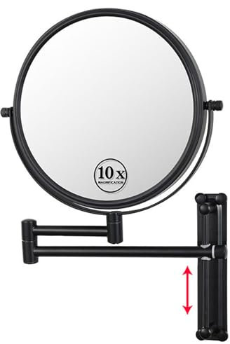 REWIS 8-Zoll-Wand-Schminkspiegel, anhebbar, doppelseitiger Kosmetikspiegel mit 1-facher/10-facher Vergrößerung, 360° schwenkbarer, Verstellbarer Kosmetikspiegel, HD-Rasierspiegel,Schwarz