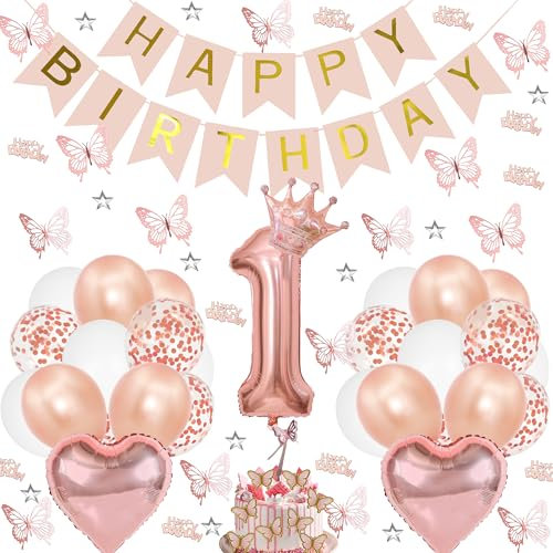 Xietaea Deko 1. Geburtstag Mädchen - Roségold Geburtstagsdeko 1 Jahr, Happy Birthday Girlande und Schmetterlinge Deko, Folienballon Zahl 1, Herzballon, Konfetti, Tortendeko, Erster Geburtstag Mädchen
