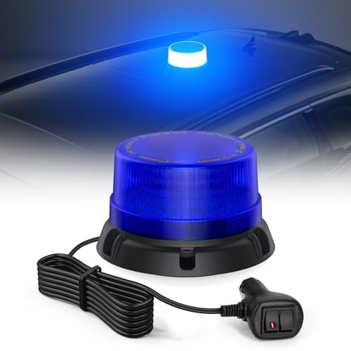 Fxlpower Rotativo Luz Azul LED Estroboscópica con cable de 2.8 metros, 12V-80V Azul Luz de Emergencia para Vehículos de Construcción Carretilla Elevadora Tractor Remolque Quitanieves