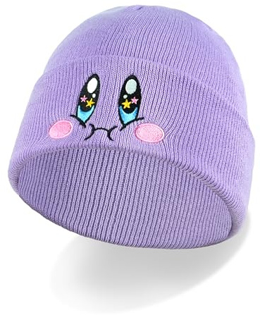 Yarde Kirb Beanie Kawaii Wintermützen Anime Warme Strickmützen Niedliche Beanie Mütze für Frauen, Violett, Einheitsgröße