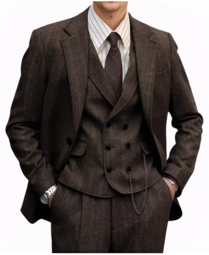 Fesenbo 3-teiliger Retro-Anzug für Herren, Tweed, Fischgrätenmuster, formelle Wolljacke, Kleid, Weste, Hose, Smoking für Hochzeit oder Abschlussball, Dunkelbraun, L