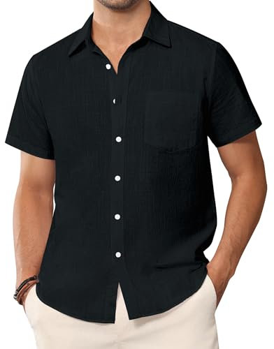 siliteelon Mens Linen Shirts Short Sleeve Summer Shirt Regular Fit Casual Cotton Holiday Beach Tops with Pocket Black L