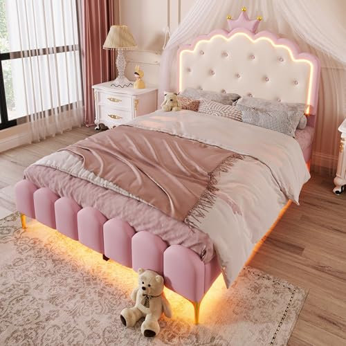 Merax Kinderbett 140x200 Polsterbett mit LED, Kronprinzessin-Bett, Polsterbett für Mädchen, kronenförmiges Prinzessinnenbett, Geknöpftes Kopfteil, PU, Rosa, Ohne Matratze