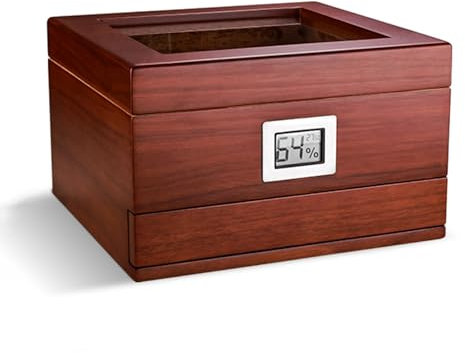 Zigarren-Humidor-Box für 50 Zigarren, Glasaufsatz-Design Spanisches Zedernholz & Trennwand, Hygrometer, Luftbefeuchter, Schublade für Zubehör(Brown)