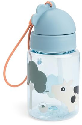 Done by Deer Botella con pajita Tiny Farm, color azul, 280 ml, a prueba de fugas y sin BPA, Dotti & Sheepy, para escuela y guardería, a partir de 6 meses