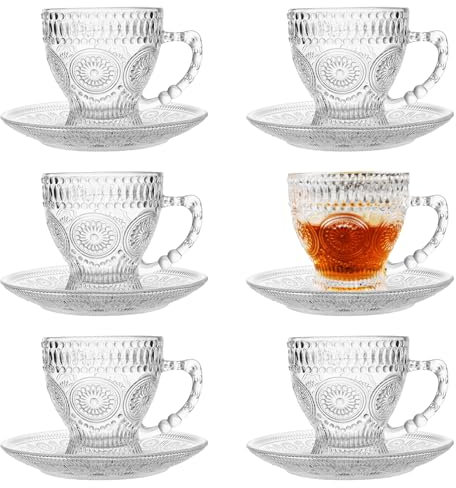 binsakao Glass Tea Cups and Saucers Set of 6 - Vintage Coffee Mugs - Teacups Set for Espresso Cappuccino Latte Tea - Dishwasher Microwave Safe 210ML