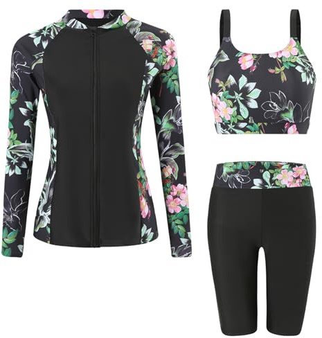 Ausing Maillot de Bain 3 Pièces Femme Protection Solaire Ensemble Rashguard Manches Longues + Short +Tankini Surf Plage