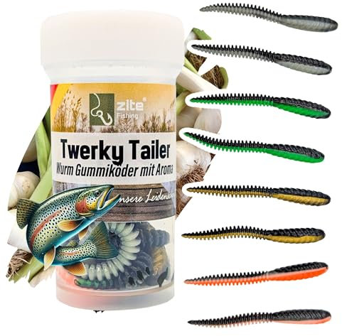 Zite Fishing Twerky Tailer Forellenköder Gummi | 3in1 Gummiköder Forelle | Made in Germany | Phthalatfrei | Knoblauch & Käse Aroma | Forellenangeln Köder & Spoons Alternative (Dark Mix Knoblauch)