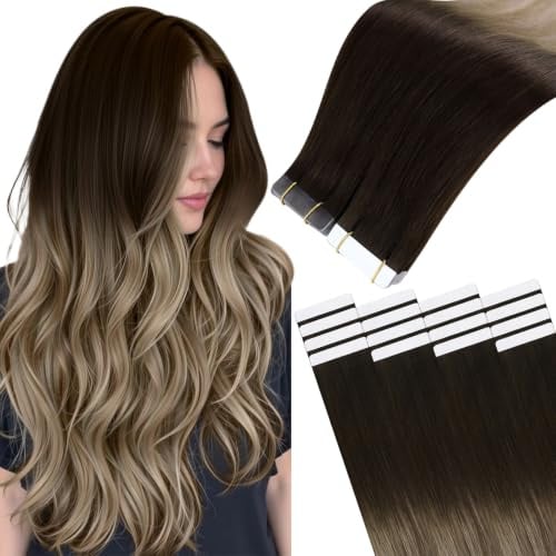 Easyouth Tapes Extensions Echthaar Dunkelbraun Mix Mittelbraun und Aschblond Extensions Echthaar Tape Balayage Lang Glue in Haar Extension 50g 20Pcs 55cm #2/6/18