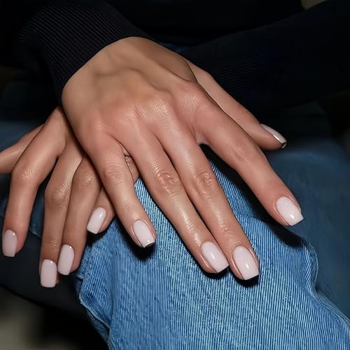 KQueenest White Press on Nails Short Square, Short False Nails Coffin, Glossy Solid Milky White Small Fake Nails Set, Perfectly Fit, Reusable Gel Stick on Nail for Women Daily Wear 24 Pcs