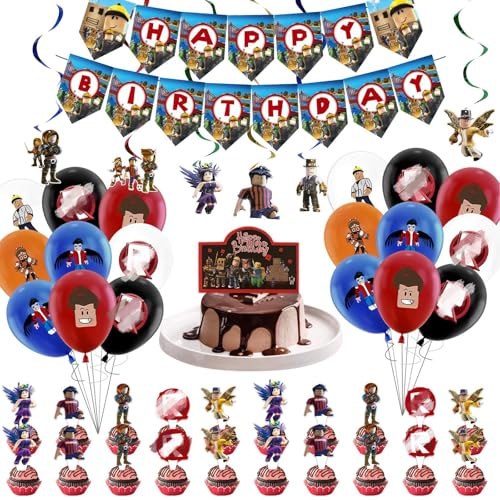 50PCS Rob-lx Geburtstag Deko, Luftballon Geburtstag Dekoration, Party Deko mit Happy Birthday Banner Swirl Dekorationen und Tortendeko für Party Dekoration