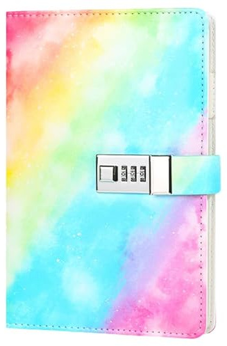 BetterJonny Diary with Lock, Leather Notebook, A5 PU Leather Journal with Lock, Travel Journal, Sketchbook, Lockable Diary for Women, Men, Girls, Boys, Teenagers, Children, Rainbow