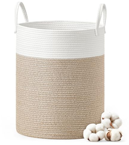 SONGMICS Cesto Portabiancheria, Cesto Biancheria Sporca per Bambini, Corda di Cotone con Manici, per Coperte, Porta Peluche, Camera da Letto, Cameretta, 60 L, Bianco e Marrone Grigiastro RLH061LZ01 | STOWIT RLH061LZ01 - Cesto portaoggetti con supporto, per camera da letto, lavanderia, colore bianco-marrone