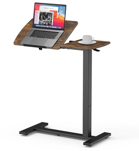 Sakugi Overbed Bedside Table with Wheels - Height Adjustable Rolling Tray, Hospital Bed Table with Tilt Top, Standing Lap Desk for Home & Office Use, 69.1 x 33 x 73.9-99.1 cm, Brown