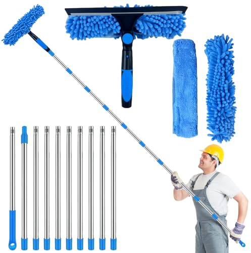 Limpiacristales con Mango Extensible 450cm, Limpiador de Ventanas con Escobilla de Silicona, Paños de Microfibra y Chenille, Kit Limpiacristales Profesional, Palo Limpiador Ventanas (Azul)