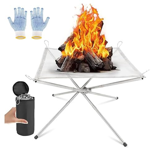 Focolare Portatile per Camping – Camino Pieghevole in Acciaio Inox con Guanti Resistenti al Calore e Borsa da Trasporto, Ciotola BBQ per Picnic, Falò e Patio