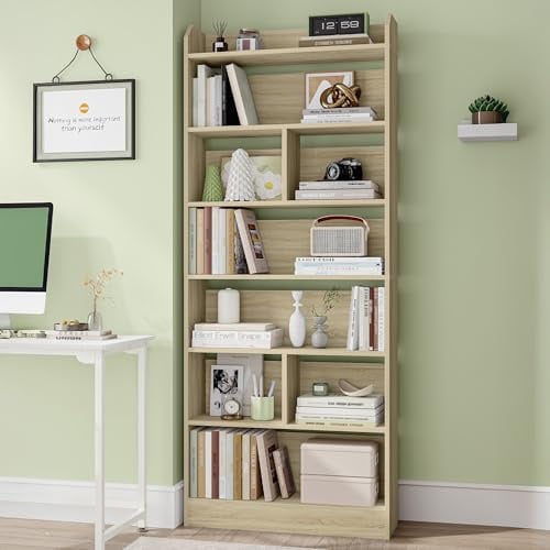 Hzuaneri Bücherregal mit 7 Fächern, 24 x 60 x 199,2 cm, Eichenbeige | Bücherschrank, Standregal, Aufbewahrungsregal, für Wohnzimmer Büro Schlafzimmer, BC11716X