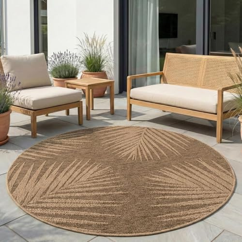 Carpetsale24 Outdoor Teppich Rund 80 cm Beige, Wetterfest Pflegeleicht, Natürlicher Jute Look, Balkon Teppich für Küche Flur, Indoor Outdoor geeignet