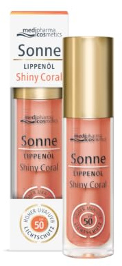 medipharma cosmetics Sonne Lippenöl Shiny Coral LSF 50 – Lippenpflege mit UV-Schutz – mit Vitamin E & Rosmarinextrakt – sommerlicher Korallton – nicht klebend – 4 ml