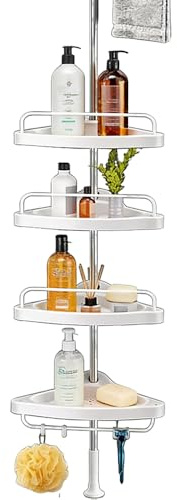 Bathroom Shelfs, 4 Tier Corner Shower Caddy Adjustable Telescopic Bathroom Shelf, Rustproof Stainless Steel Shower Storage Organiser with Towel Bar, No Drill Floor Ceiling Bathroom Rack