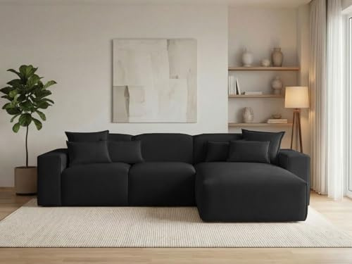 GRAINGOLD Leni Ecksofa 265x180 cm, L-Form Sofa, Ecksofa für Wohnzimmer, Geflechtstoff, 3-Sitzer Eckcouch, Modernes Design (Schwarz, Rechts)