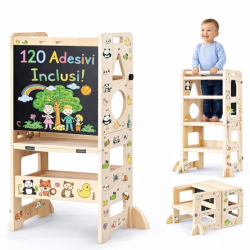 Torre de Aprendizaje Plegable 3 en 1 de Madera - Escalera Montessori Estable, Pizarra y Mesa Infantil Desde 18 Meses para Estimular Autonomía y Creatividad (120 Adhesivos Incluidos)