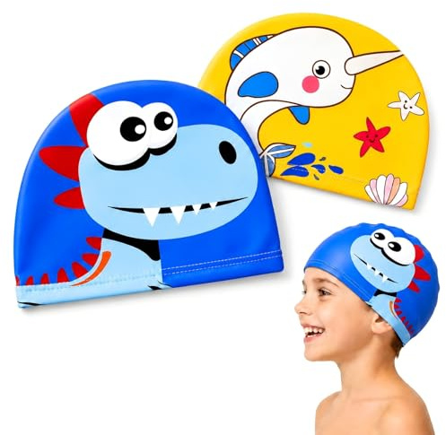 2 Pezzi Cuffie da Nuoto per Bambini, con Stampa Cartoni Carina, in Poliestere Elastico, Cuffia Piscina Bambini per 3-8 Anni, Adatto sia ai Ragazzi che alle Ragazze